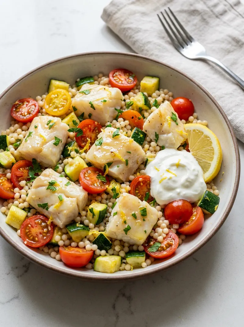 15-Minute Lemon Cod Couscous Skillet