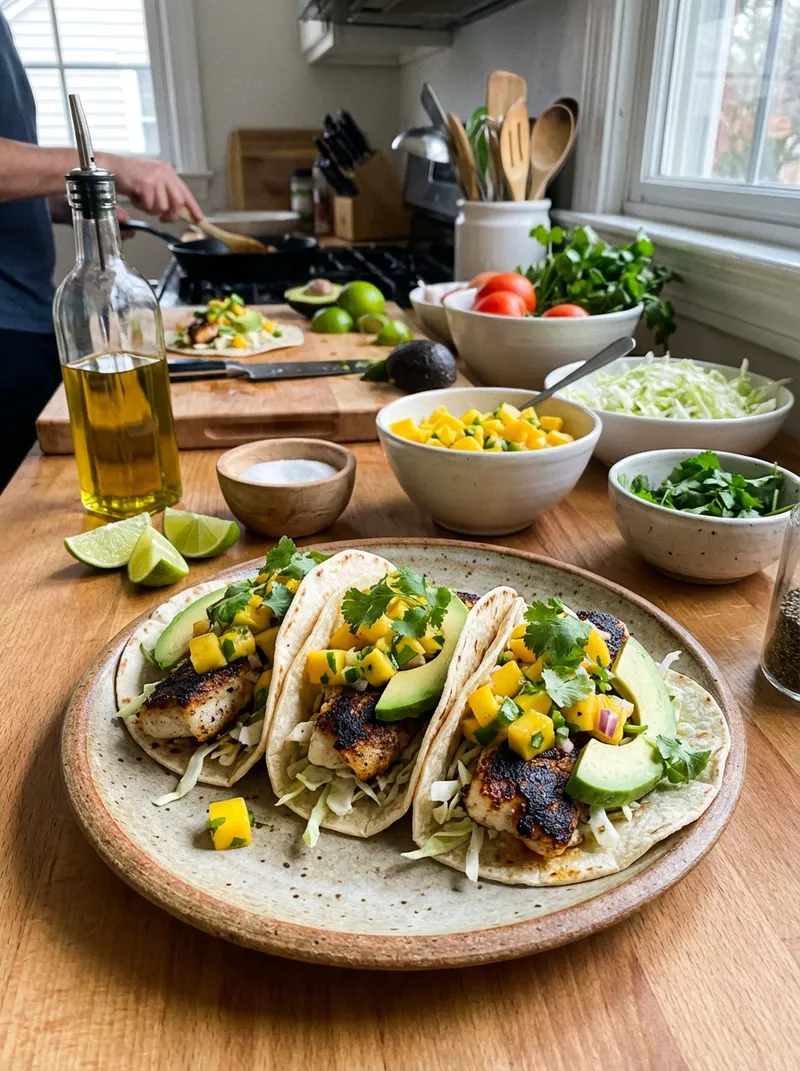 Blackened Cod Mango Tacos