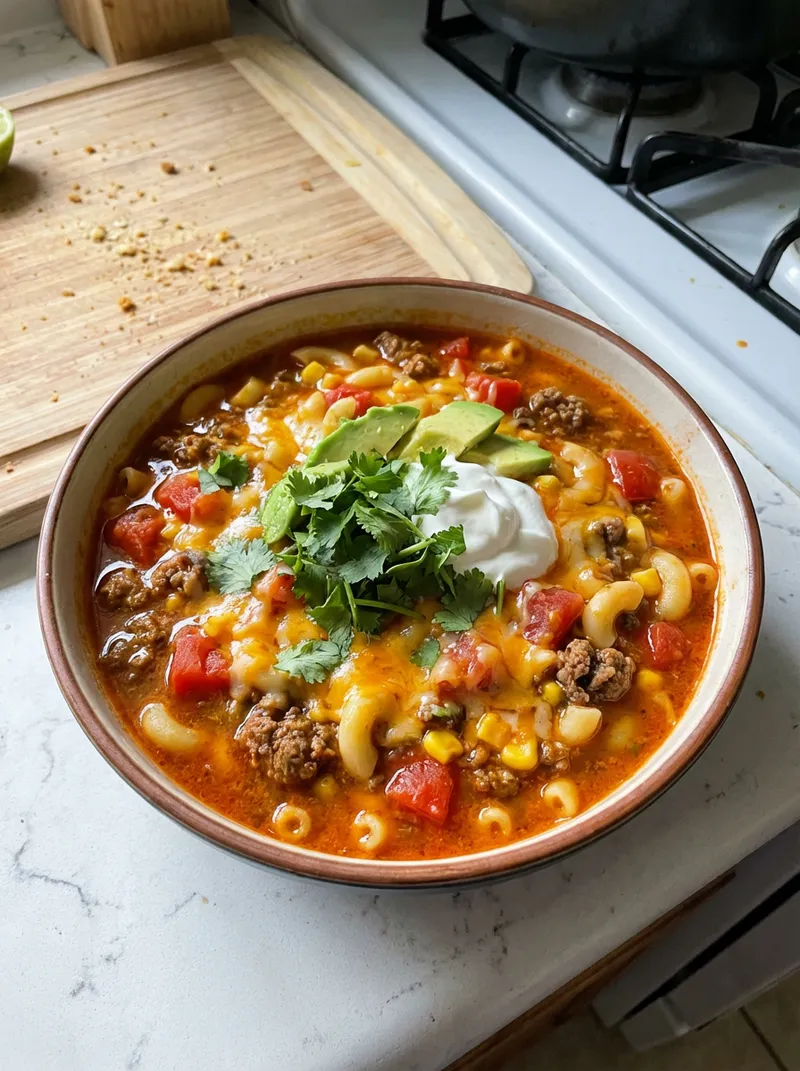 Cheesy Beef Taco Mac Soup