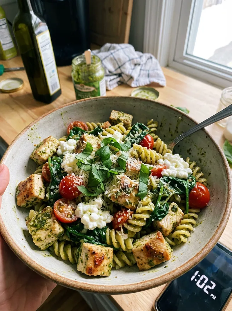 Chicken Pesto Cottage Cheese Pasta