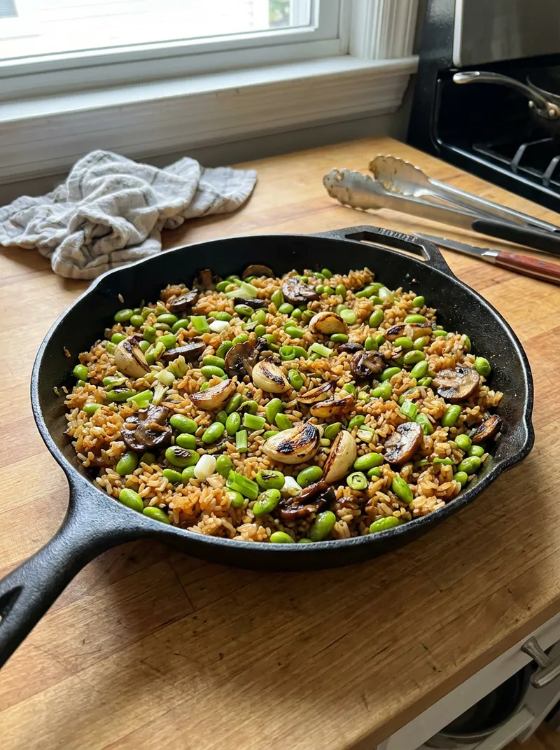 Garlic Soy Edamame Rice Skillet