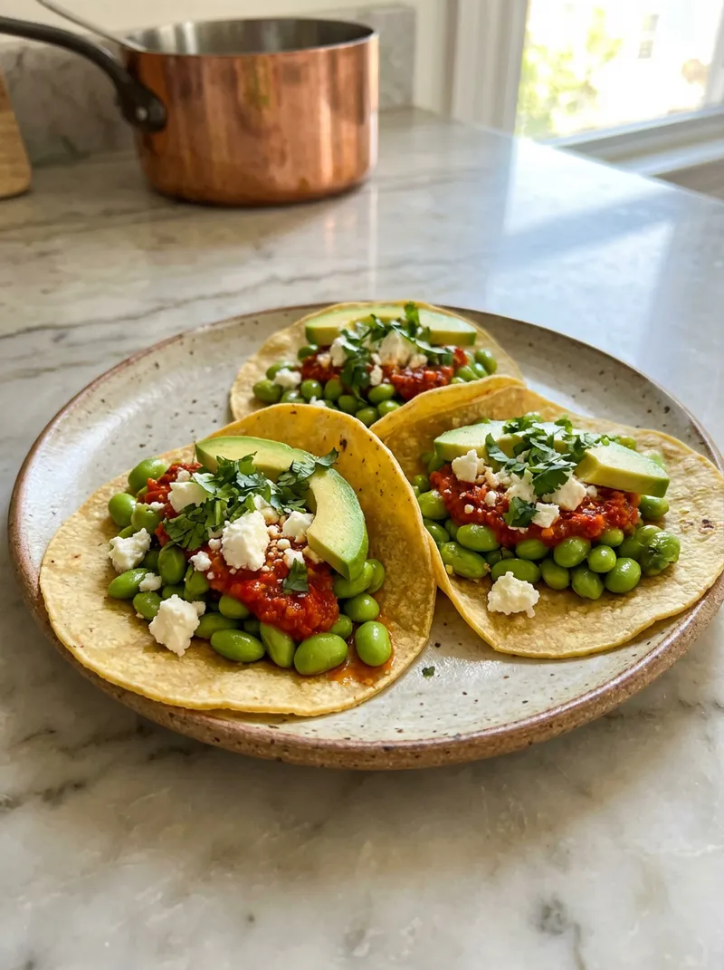 Harissa Edamame Tacos