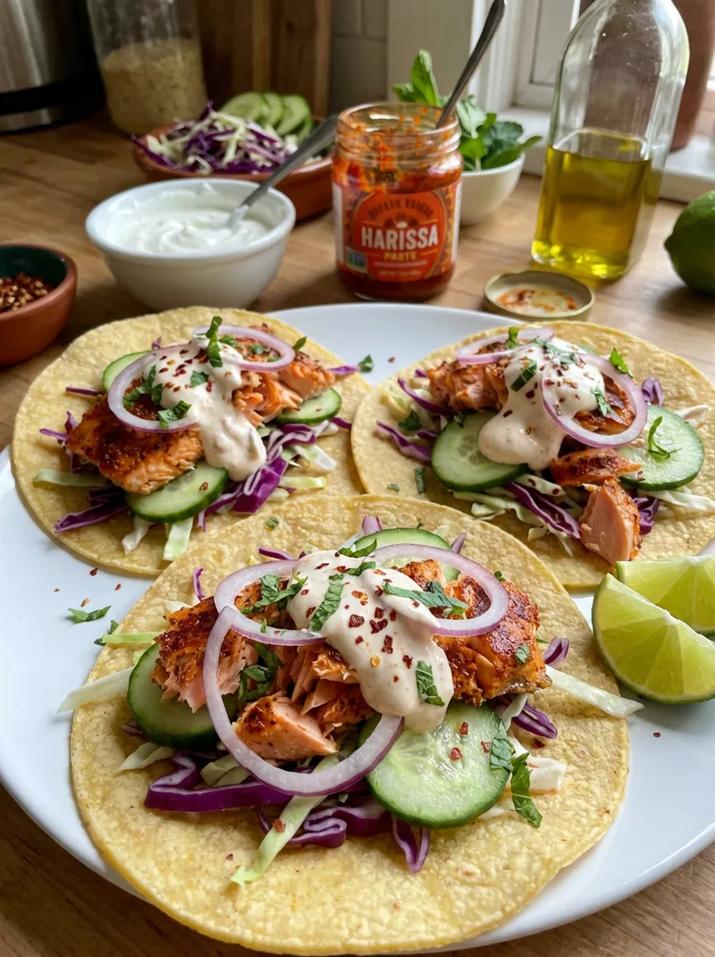 Harissa Salmon Slaw Tacos