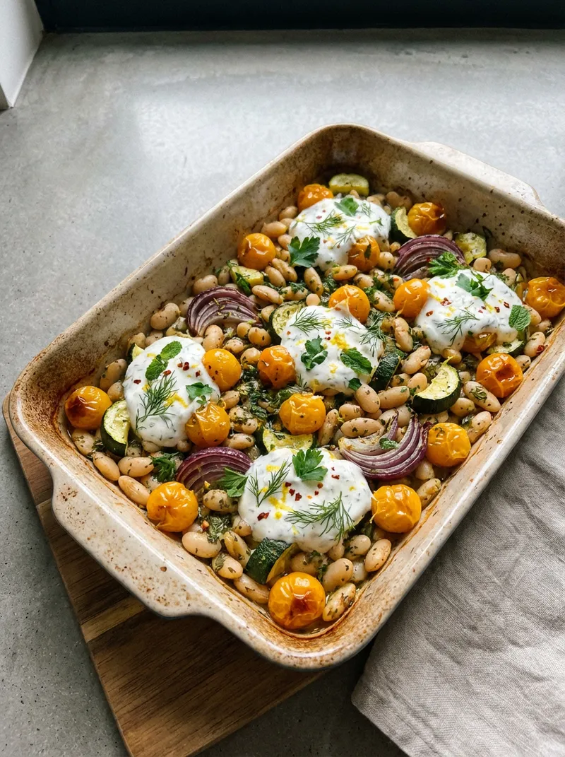 Herbed Yogurt White Bean Traybake