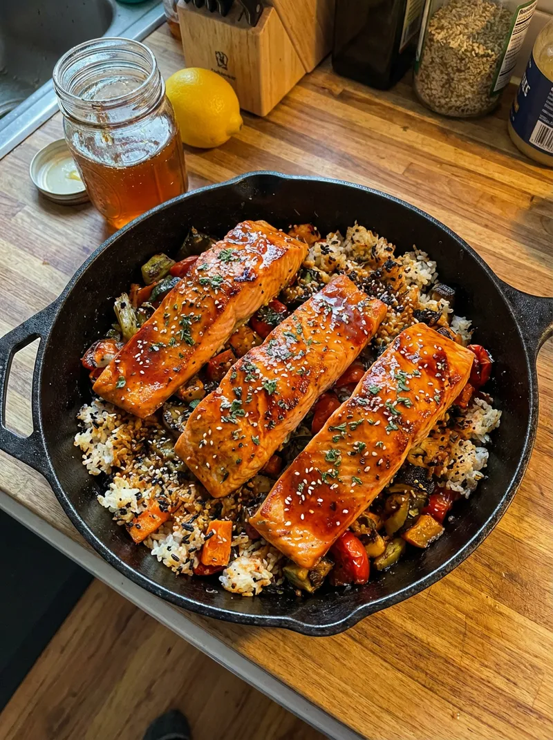 Hot Honey Salmon Rice Skillet