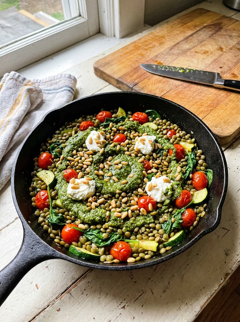 Light Pesto Lentil Skillet