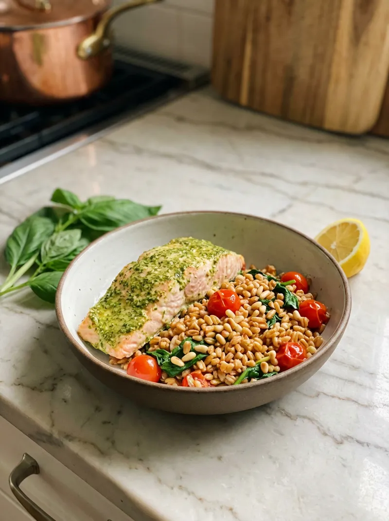 Light Pesto Salmon Farro
