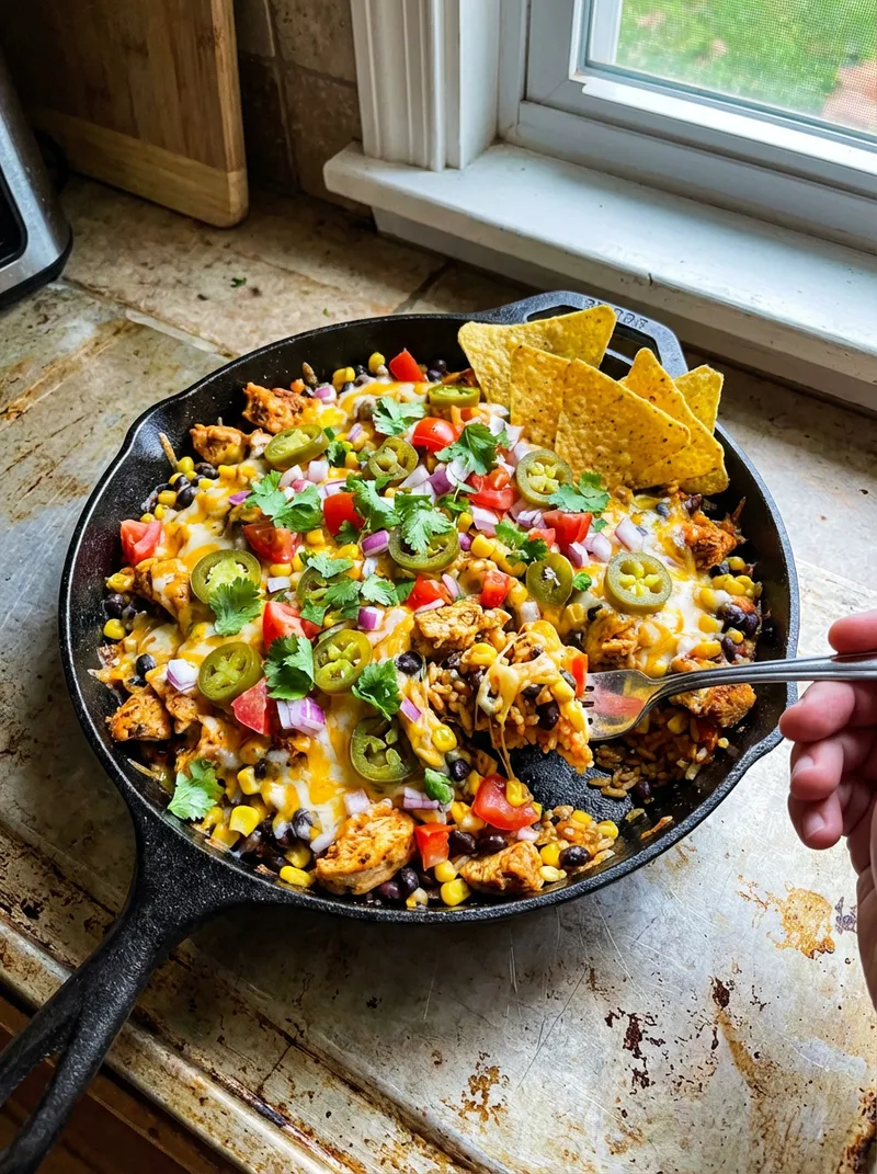 Loaded Nacho Chicken Rice Skillet