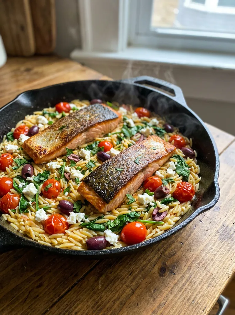 Mediterranean Salmon Orzo Skillet