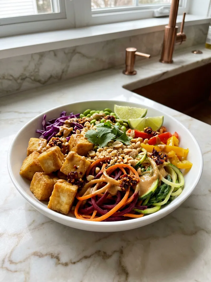 Peanut Tofu Rainbow Noodle Bowls