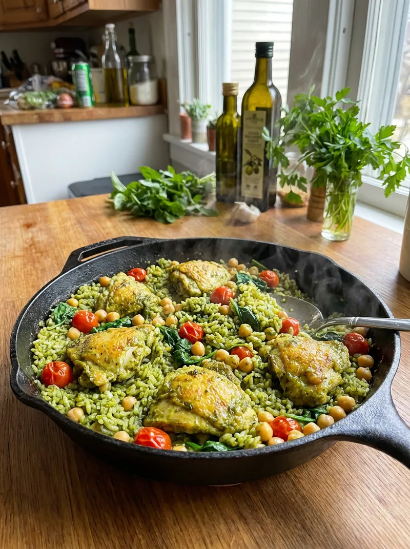 Pesto Chicken Pea Rice Skillet