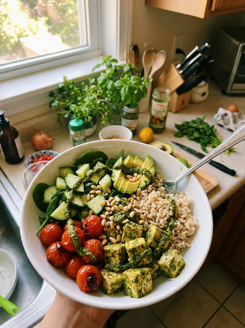 Pesto Tofu Brown Rice Bowls