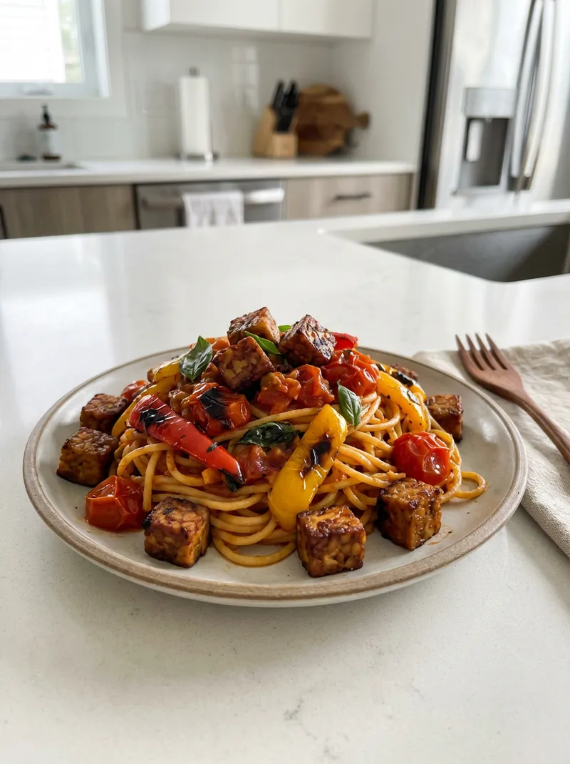 Roasted Pepper Tempeh Spaghetti