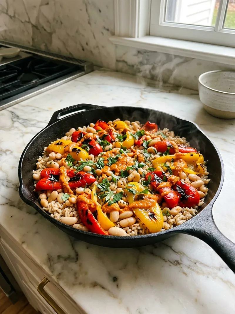 Roasted Pepper White Bean Brown Rice Skillet