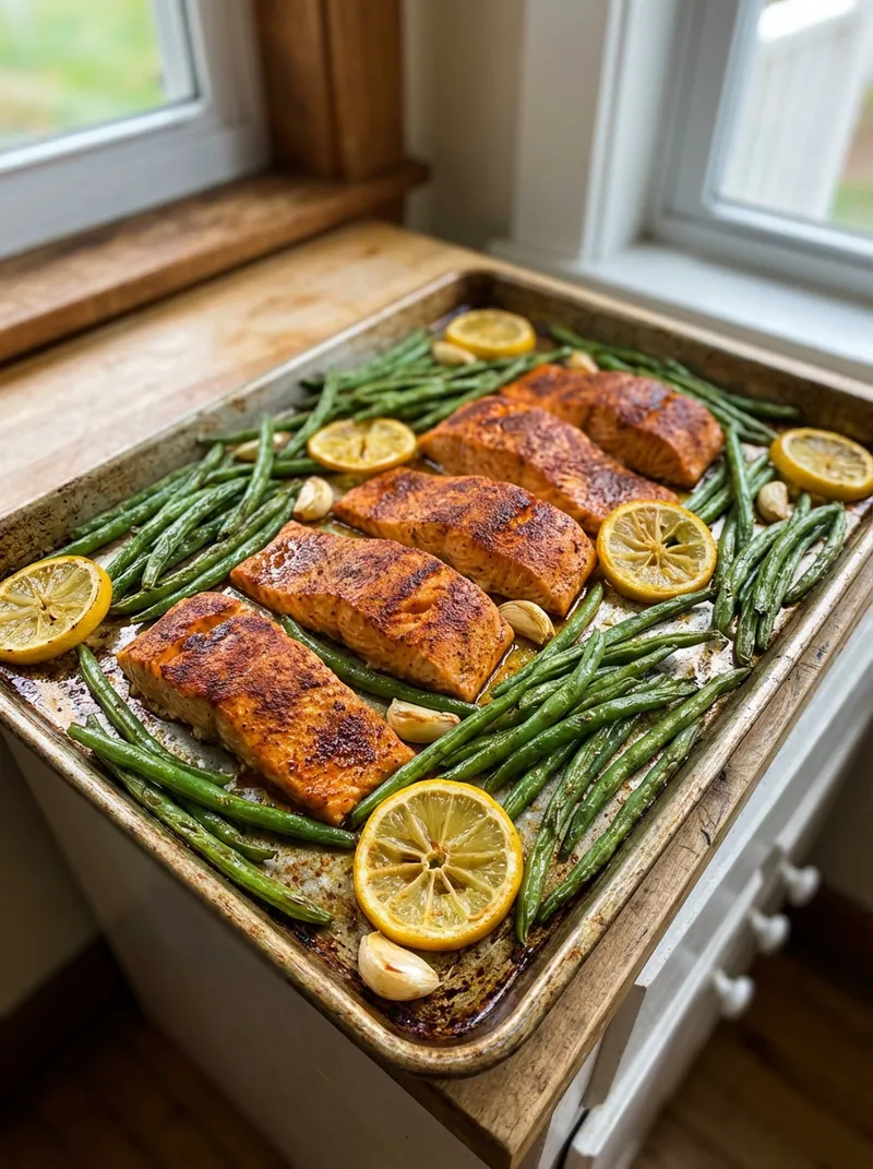 Sheet Pan Cajun Salmon and Green Beans