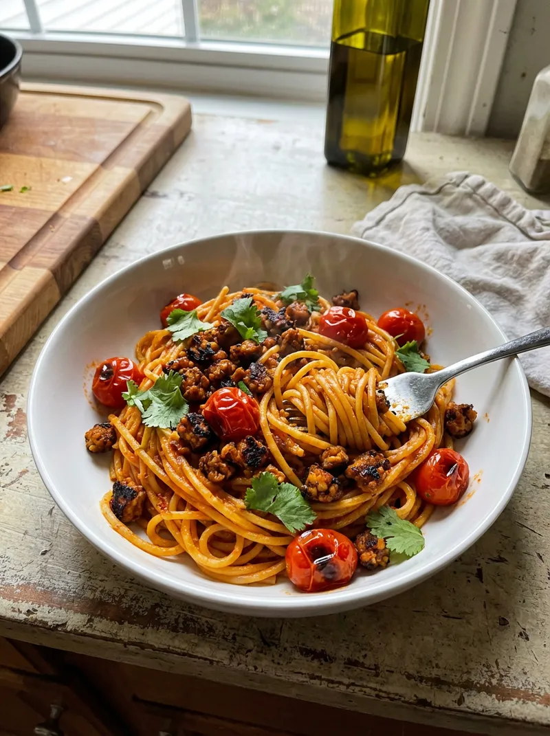 Smoky Chipotle Tempeh Spaghetti
