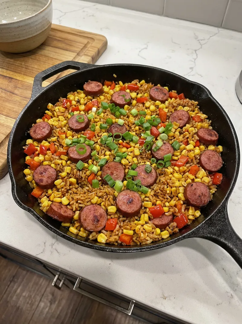 Smoky Sausage Corn Rice Skillet