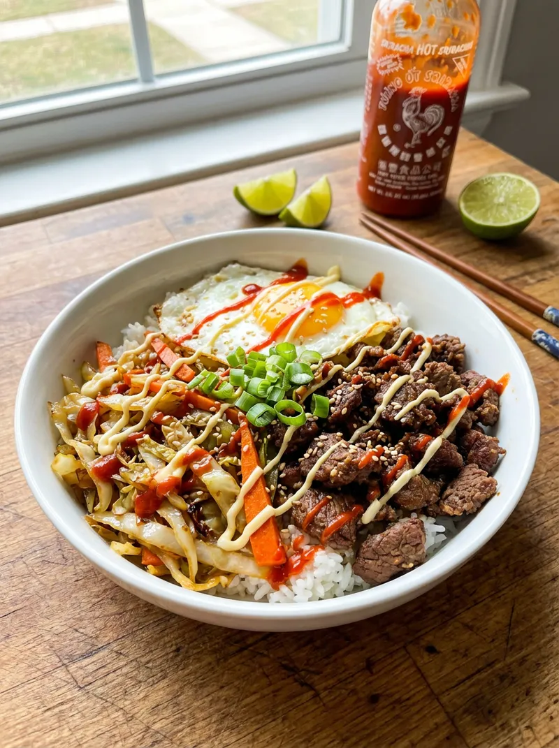 Sriracha Beef Cabbage Rice Bowls