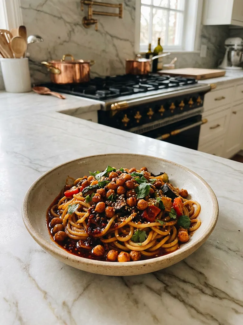 Sticky Chili Chickpea Noodles