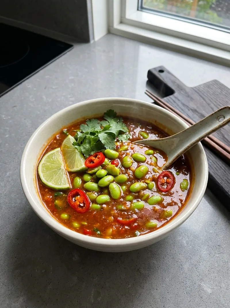 Sticky Chili Edamame Soup