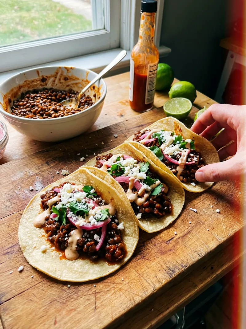 Sticky Chili Lentil Tacos