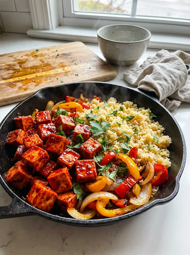 Sticky Chili Tofu Couscous Skillet