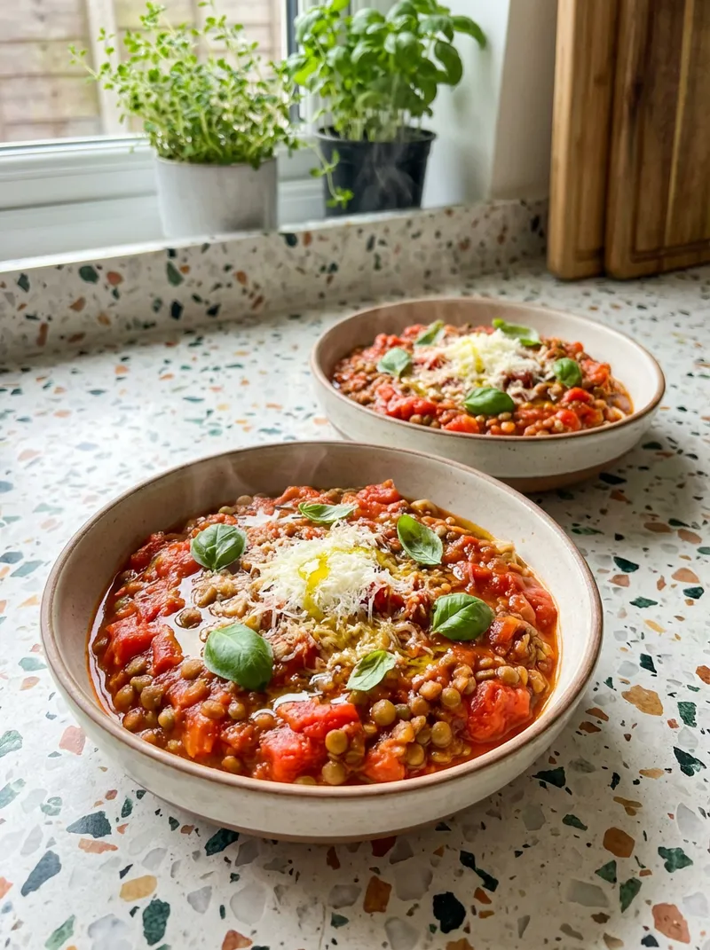 Tomato Basil Lentil Pasta Bowls