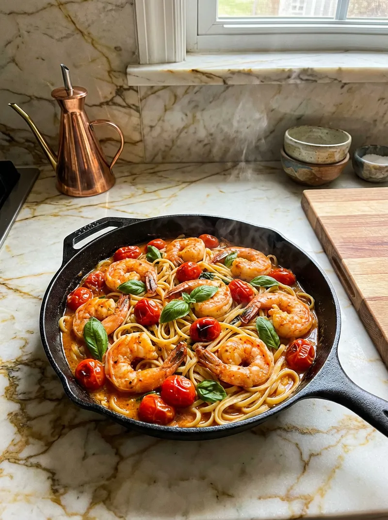 Tomato Basil Shrimp Skillet Pasta